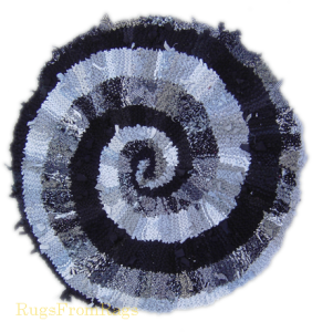 Black and White and Gray Spiral hand knit rag rug