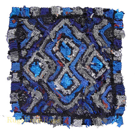 Black and White and Blue Log Cabin hand knit rag rug