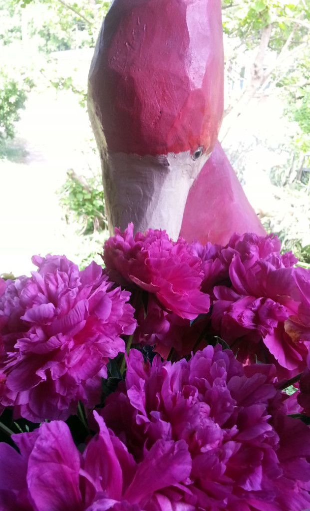 My flamingo carving from a few years back, nose (beak) deep in a bowl of peonies. I love this color...