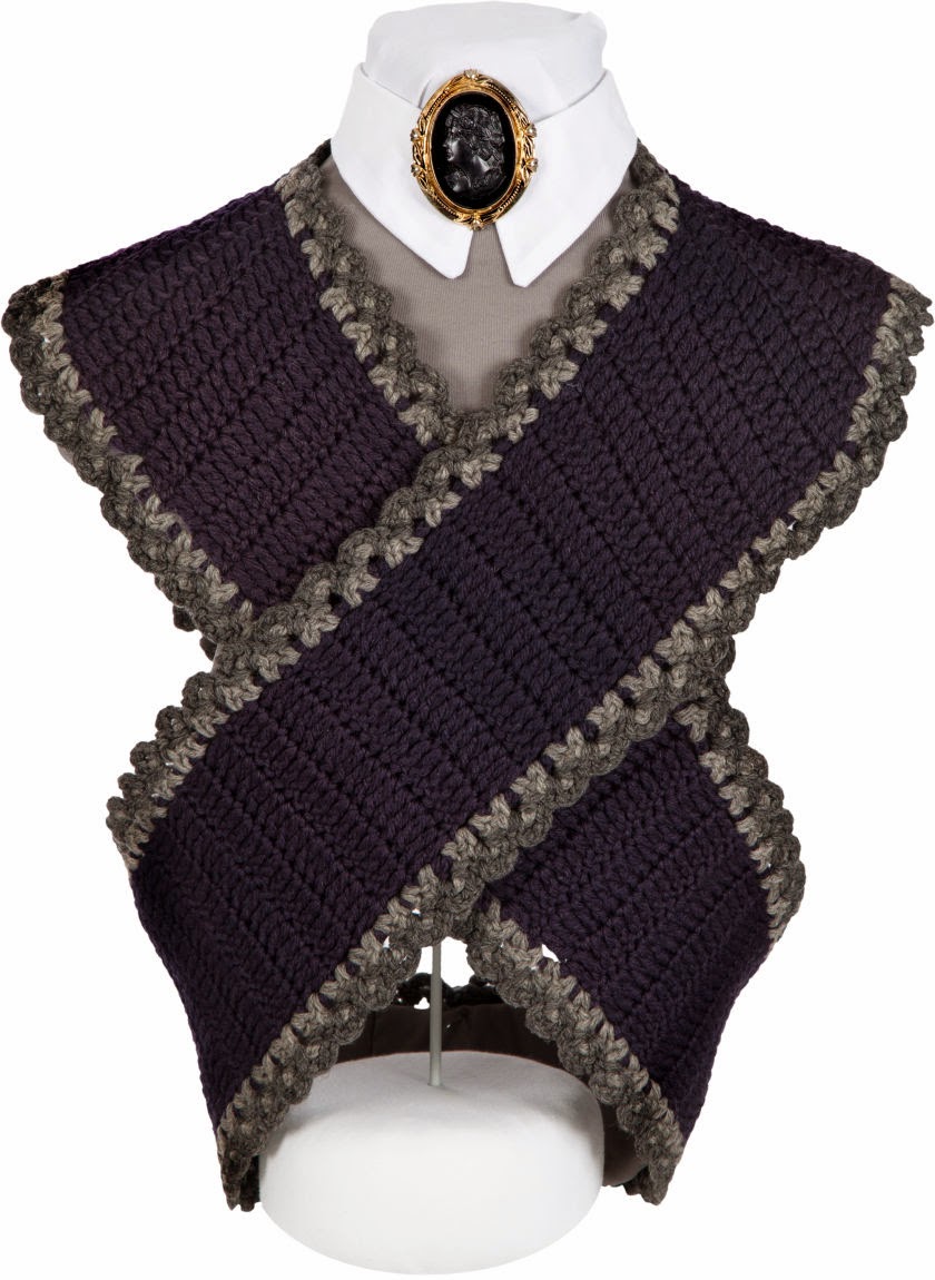 Melanie Wilkes' battlefield cross-body crocheted wrap.